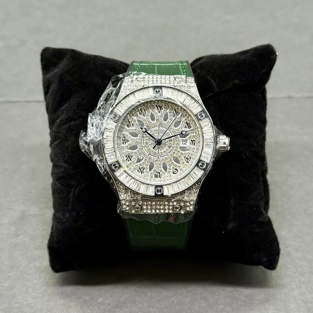 Iced Out Watch Silver Tone Green Leather Band Arabic Dial Baguette Bezel NEW